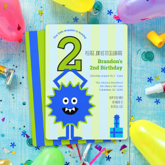 Kleiner Monster-Junge 2. Geburtstag Blau Grüne Str Einladung