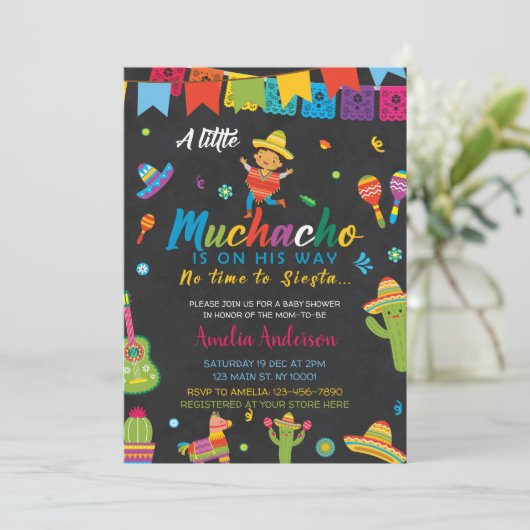 Kleiner Muchacho auf dem Weg Boy Fiesta Babydusche Einladung (Stehend Vorderseite)