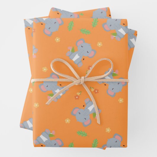 Kleiner niedlicher Elefant mit Blume orange Geschenkpapier Set (Beispiel)
