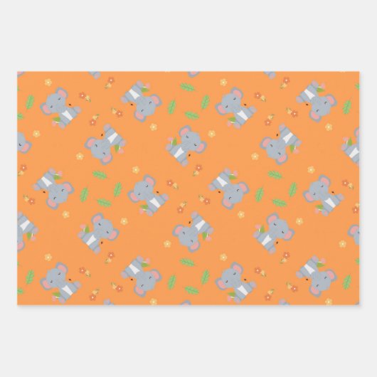 Kleiner niedlicher Elefant mit Blume orange Geschenkpapier Set (Vorderseite)