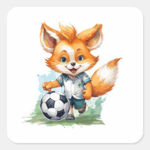 Kleiner Niedlicher Fuchs spielt Fußball Quadratischer Aufkleber