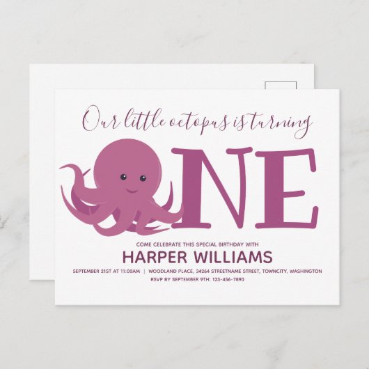 Kleiner Oktopus, der ein Tier zum ersten Geburtsta Einladungspostkarte (Vorne/Hinten)