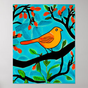 Kleiner Orangenvogel auf einer blühenden Branche Poster