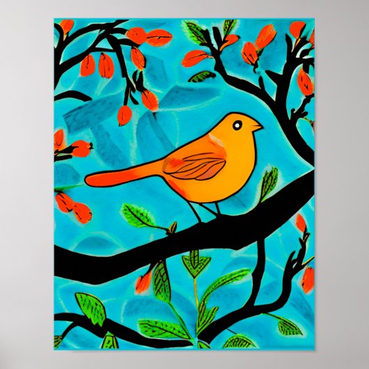Kleiner Orangenvogel auf einer blühenden Branche Poster (Vorne)