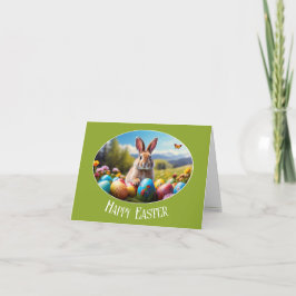 Kleiner Osterhase in Landschaft, oval - Grußkarte, Dankeskarte