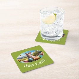 Kleiner Osterhase in Landschaft, oval -  Rechteckiger Pappuntersetzer