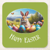 Kleiner Osterhase in Landschaft, oval -  Rechteckiger Pappuntersetzer (Vorderseite)