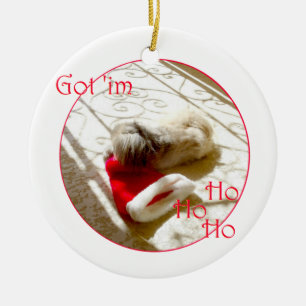 Kleiner Pekingese schnappt sich den Weihnachtsmann Keramikornament