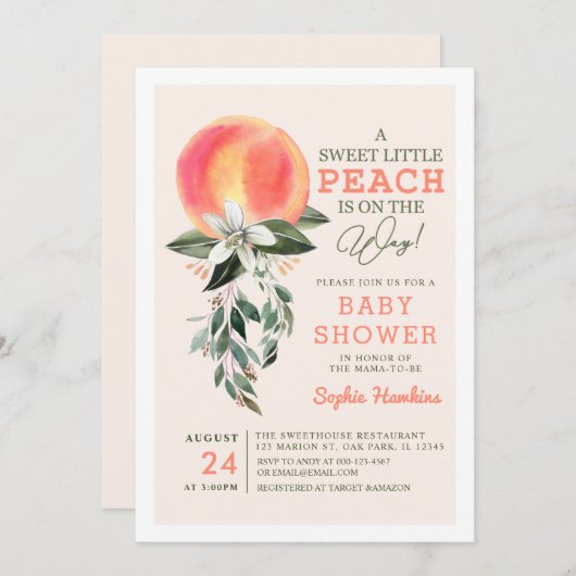 Kleiner Pfirsich ist unterwegs Pfirsichdusche Einladung (Vorne/Hinten)