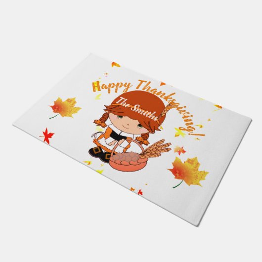 Kleiner Pilgrim Erntedank Custom Fußmatte (Schrägansicht)