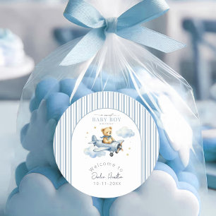 Kleiner Pilot Teddybär Baby Boy Shower Runder Aufkleber