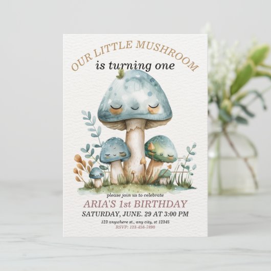 Kleiner Pilzbewald, 1. Geburtstag Einladung (Stehend Vorderseite)