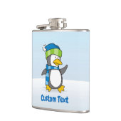 Kleiner Pinguin, der auf einer Schneefassette spaz Flachmann (Links)