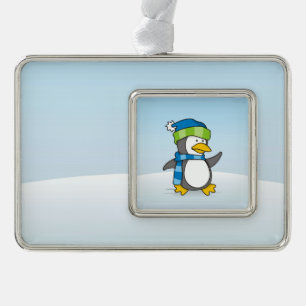 Kleiner Pinguin, der auf Schnee geht Rahmen-Ornament Silber