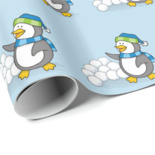 Kleiner Pinguin mit Schneebälle und Wickelpfanne Geschenkpapier