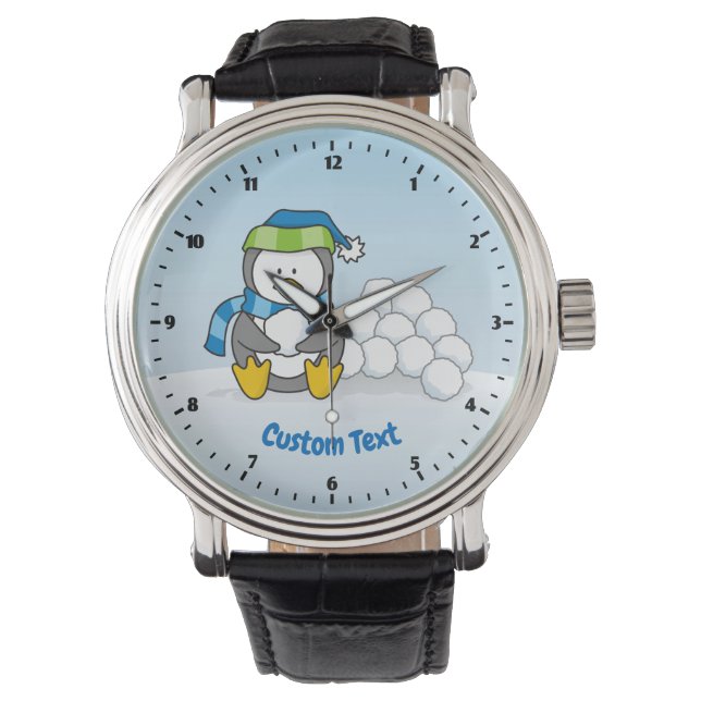 Kleiner Pinguin mit Schneebällen Armbanduhr (Vorderseite)