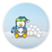 Kleiner Pinguin mit Schneebällen Keramikknauf (Vorderseite)