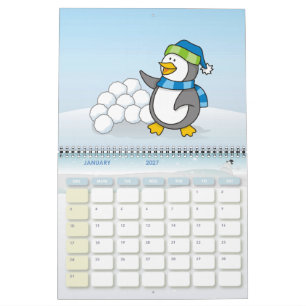 Kleiner Pinguin mit Schneebällen winkend Kalender