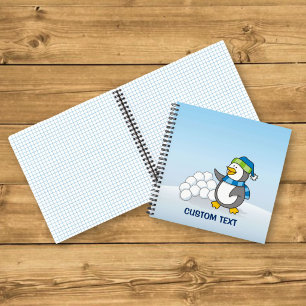 Kleiner Pinguin mit Schneebällen winkend Notizbuch