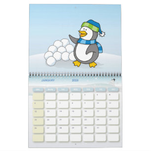 Kleiner Pinguin mit schneebedeckten Kugeln Kalender