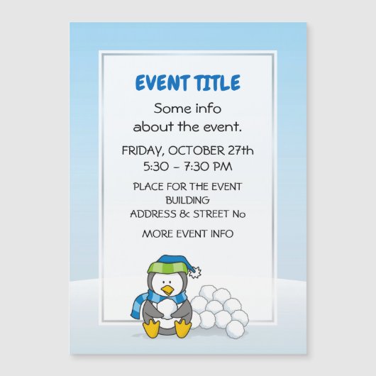 Kleiner Pinguin sitzend mit Schneebälle Magnetkarte (Vorderseite)