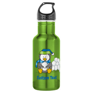 Kleiner Pinguin sitzend mit Schneeballflasche Edelstahlflasche