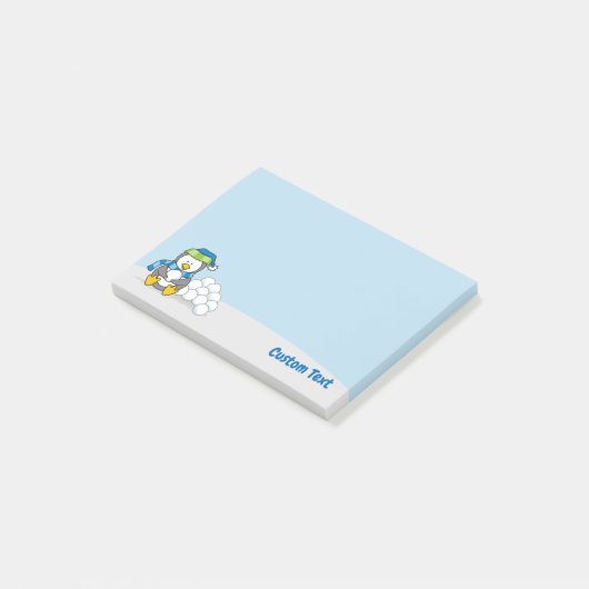 Kleiner Pinguin sitzend mit Snowballs Post-it Klebezettel (angewinkelt)