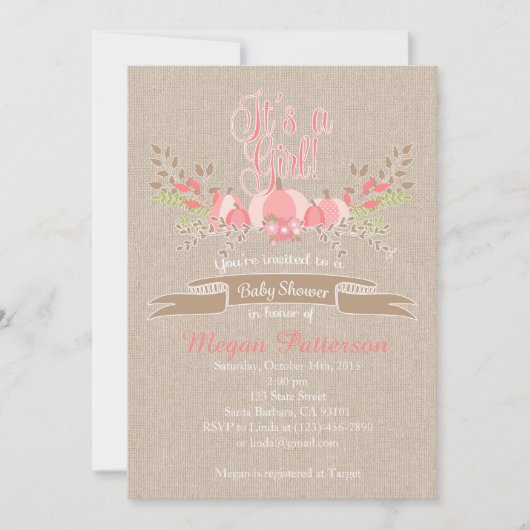 Kleiner Pink Pumpkin Baby Dusche Einladung Burlap (Vorderseite)