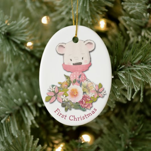 Kleiner Pink Winter Bear Baby's First Christmas Keramik Ornament (Baum)