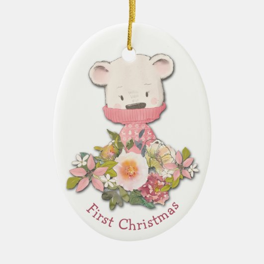 Kleiner Pink Winter Bear Baby's First Christmas Keramik Ornament (Vorne)