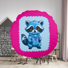 Kleiner Raccoon in blauem Rundkissen