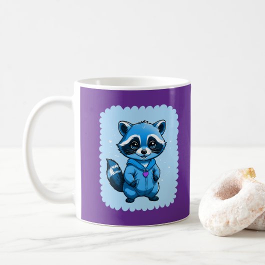 Kleiner Raccoon in blauer Tasse (Mit Donut)