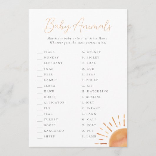 Kleiner Ray of Sunshine Baby Animals Game Einladung (Vorderseite)