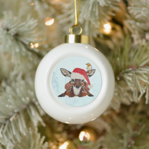 KLEINER REH & GOLDENER VOGEL KERAMIK Kugel-Ornament