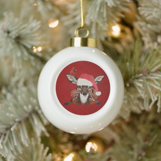 KLEINER REHKITZ & CARDINAL  KERAMIK Kugel-Ornament (Baum)