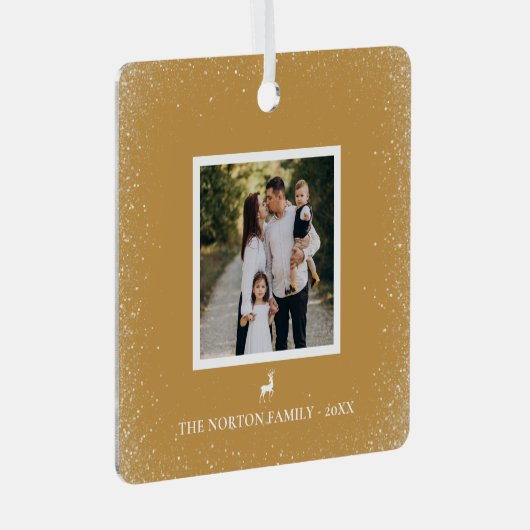 Kleiner Reindeer Simple Snowflakes Foto Ocher Ornament Aus Metall (Vorderseite Rechts)