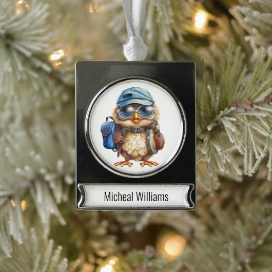 Kleiner Reisender - Kid Owl mit Rucksack Banner-Ornament Silber (Baum)