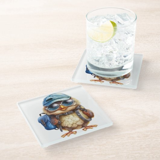 Kleiner Reisender - Kid Owl mit Rucksack Glasuntersetzer (Schrägansicht)