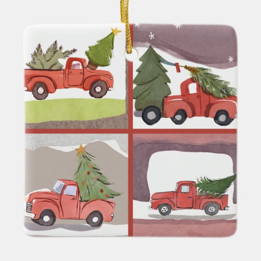 Kleiner roter Lkw, der einen Weihnachtsbaum AI hol Keramikornament (Vorderseite)