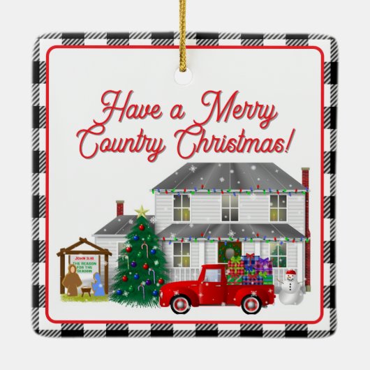 Kleiner roter LKW mit Bauernhaus Keramikornament (Rückseite)