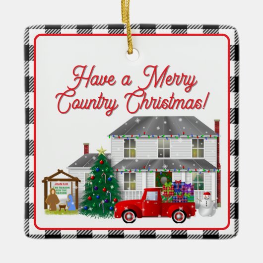 Kleiner roter LKW mit Bauernhaus Keramikornament (Vorderseite)