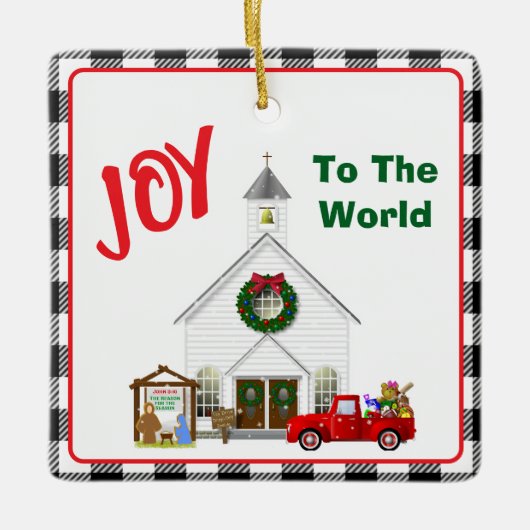 Kleiner roter LKW mit Country Church Keramikornament (Vorderseite)