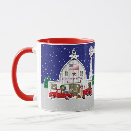 Kleiner roter LKW und antiker weißer Stall Tasse (Links)