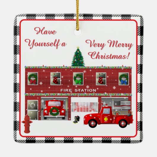 Kleiner Rotfeuerzug und Feuerwehr Keramikornament (Rückseite)