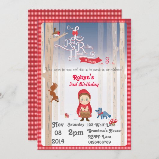 Kleiner Rotkäppchen Geburtstag Einladung (Vorne/Hinten)