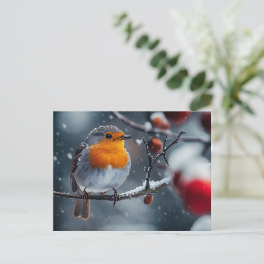 Kleiner Rotwein, der im Winter auf einem Ast sitzt Postkarte (Stehend Vorderseite)