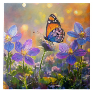 Kleiner Schmetterling auf Wildblumen bei Sonnenauf Fliese
