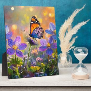 Kleiner Schmetterling auf Wildblumen bei Sonnenauf Fotoplatte