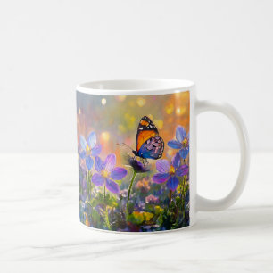 Kleiner Schmetterling auf Wildblumen bei Sonnenauf Kaffeetasse