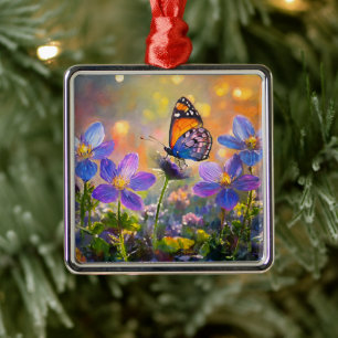 Kleiner Schmetterling auf Wildblumen bei Sonnenauf Ornament Aus Metall